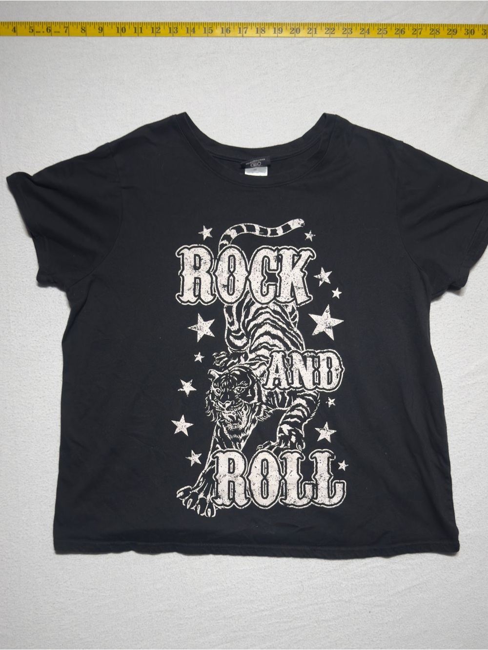 Black 'Rock and Roll' Graphic Tee with Tiger Motif
